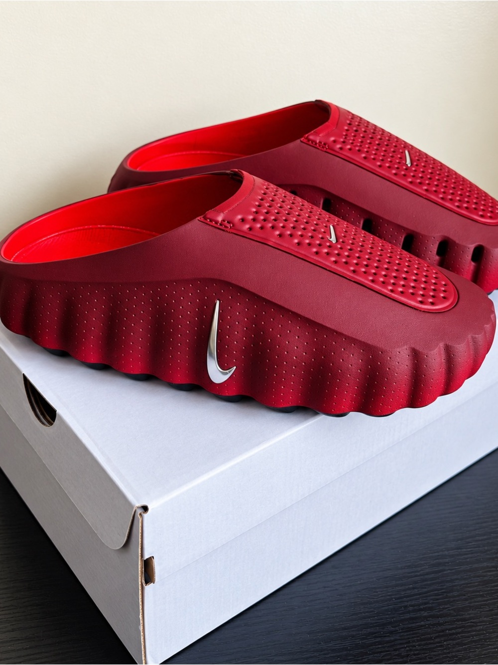 Nike Mens Red Slip-On Foam Clog with Silver Swoosh